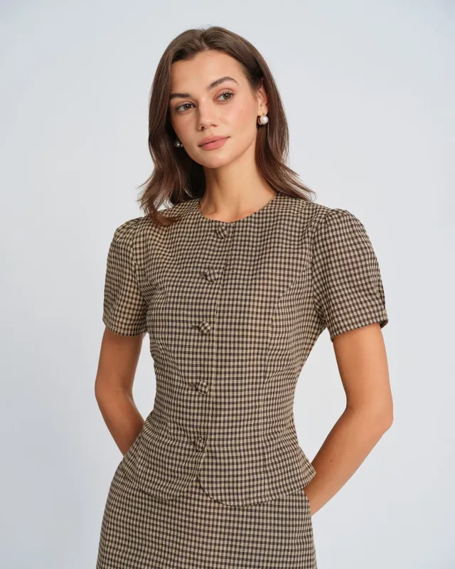 Brown Plaid Puffed Sleeve Blouse sold by rihoas