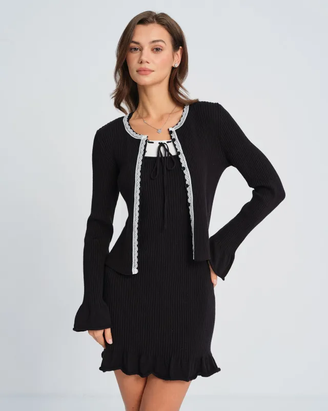 Black Contrasting Bell Sleeve Knit Cardigan sold by rihoas
