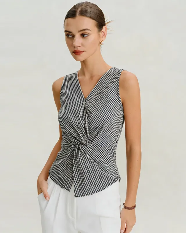 Black V Neck Plaid Tank Top sold by rihoas