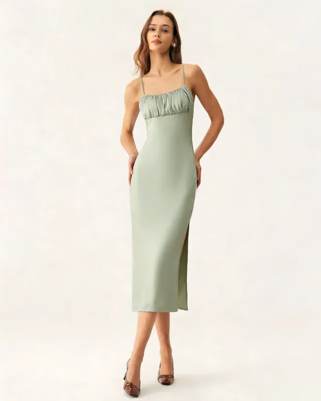 Green Pleated Slip Midi Dress sold by rihoas
