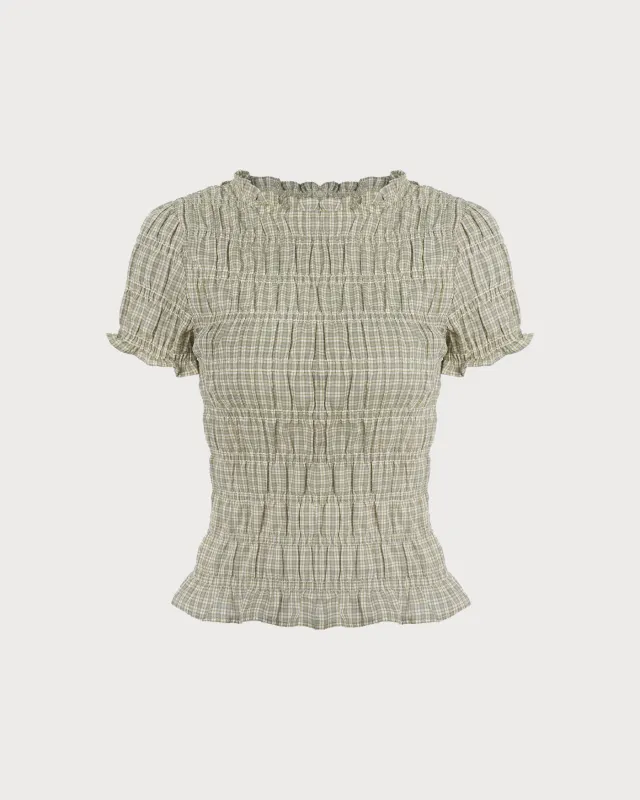 Brown Plaid Shirred Blouse sold by rihoas