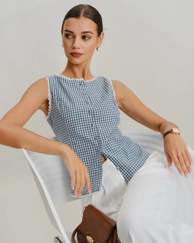 Blue Plaid Sleeveless Tank Top sold by rihoas