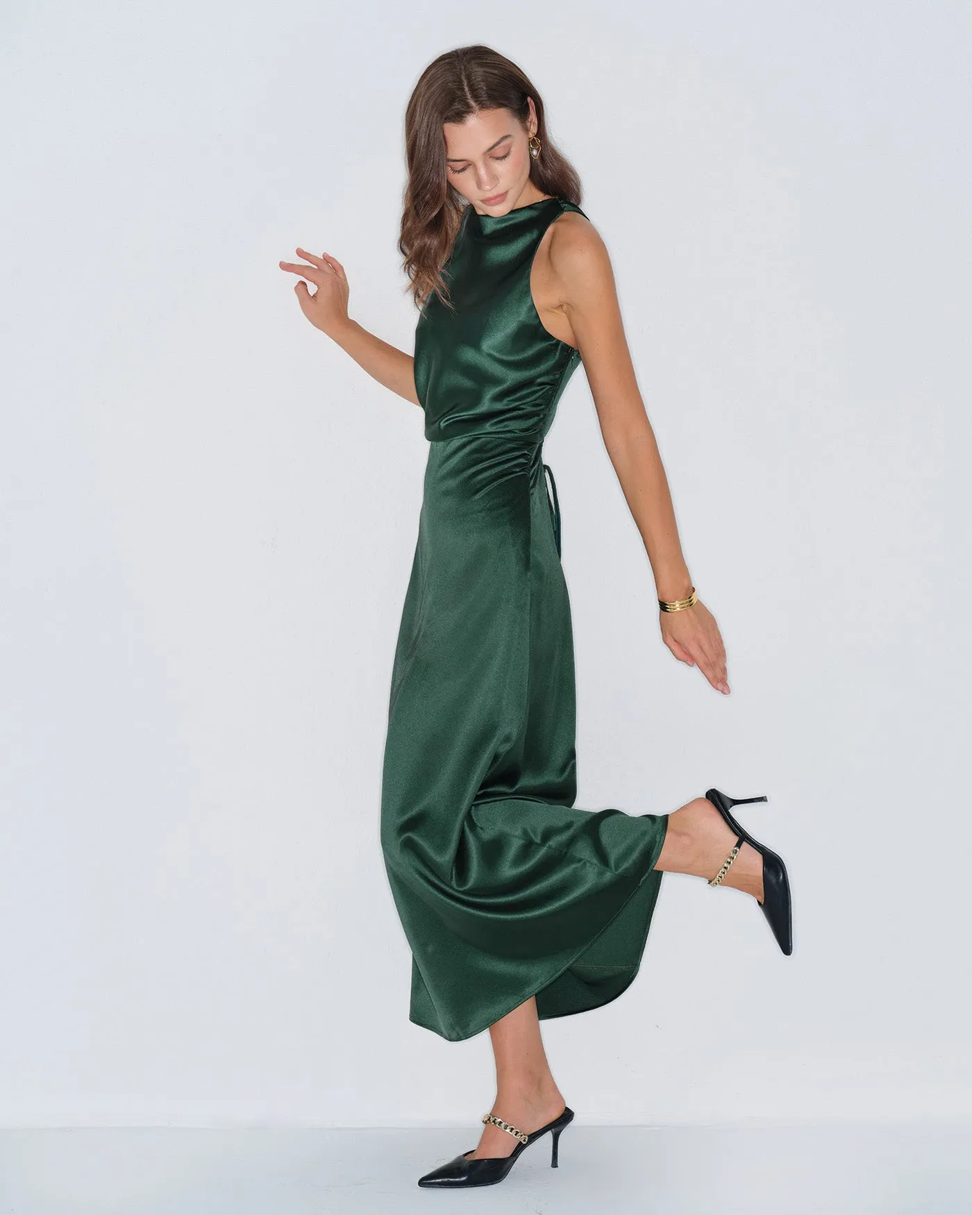 Green Cowl Neck Satin Maxi Dress sold by rihoas product image thumbnail 4