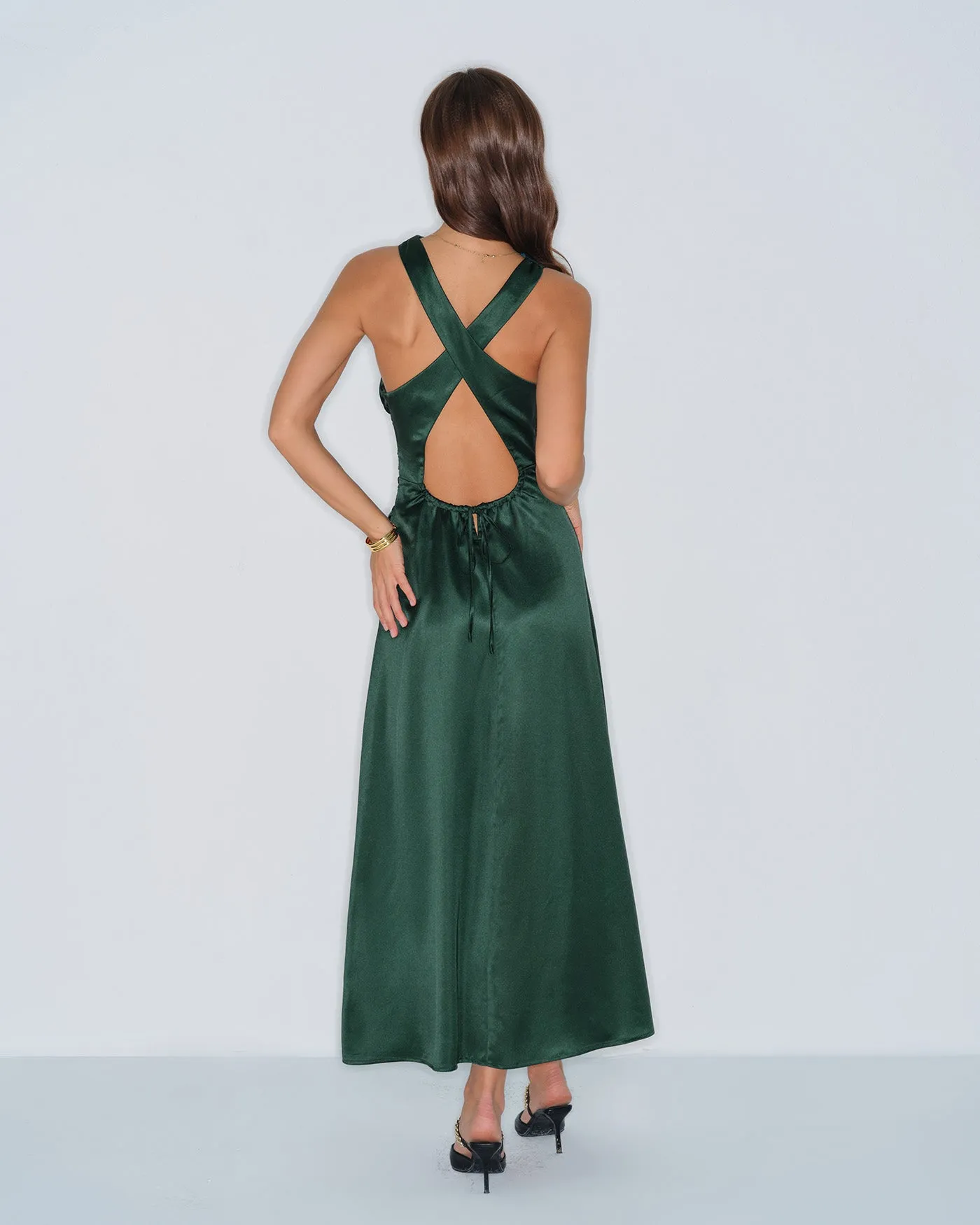 Green Cowl Neck Satin Maxi Dress sold by rihoas product image thumbnail 3