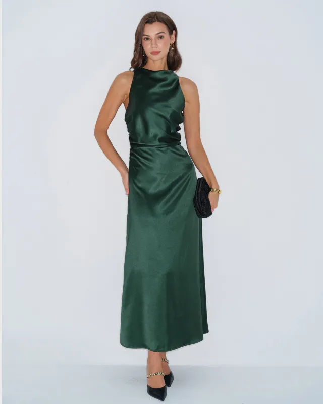 Green Cowl Neck Satin Maxi Dress sold by rihoas