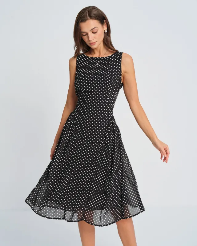 Black Polka Dot Chiffon Midi Dress sold by rihoas