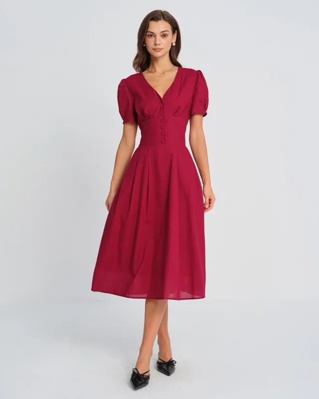 Red V Neck Midi Dress sold by rihoas
