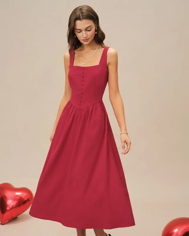 Red Square Neck Midi Dress sold by rihoas