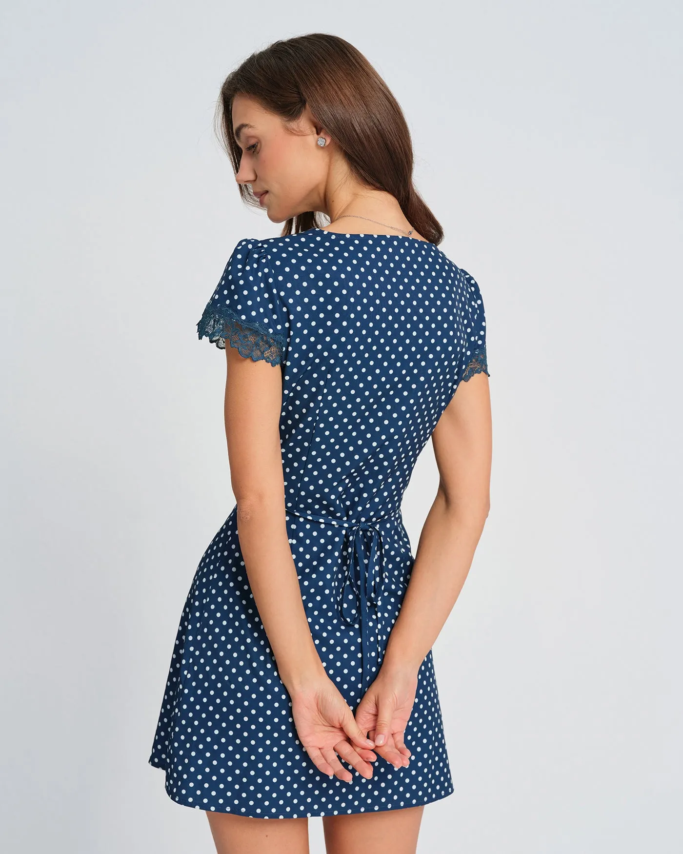 Blue V Neck Polka Dot Mini Dress sold by rihoas product image thumbnail 4