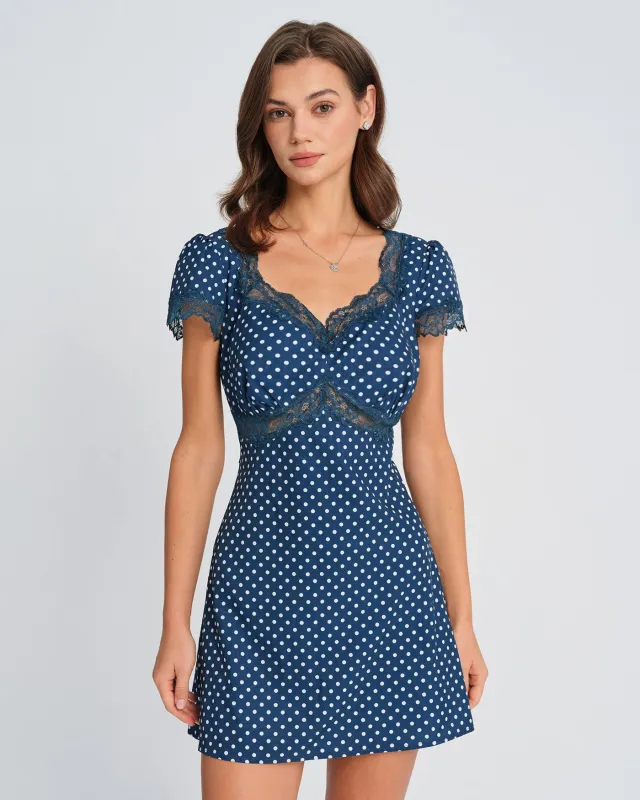 Blue V Neck Polka Dot Mini Dress sold by rihoas