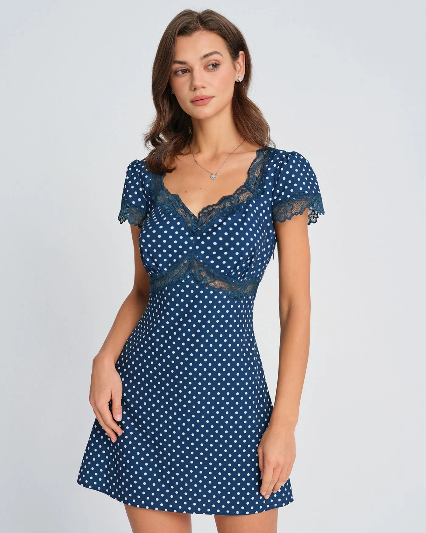 Blue V Neck Polka Dot Mini Dress sold by rihoas product image thumbnail 3
