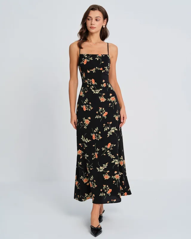 Black Square Neck Floral Slip Maxi Dress sold by rihoas