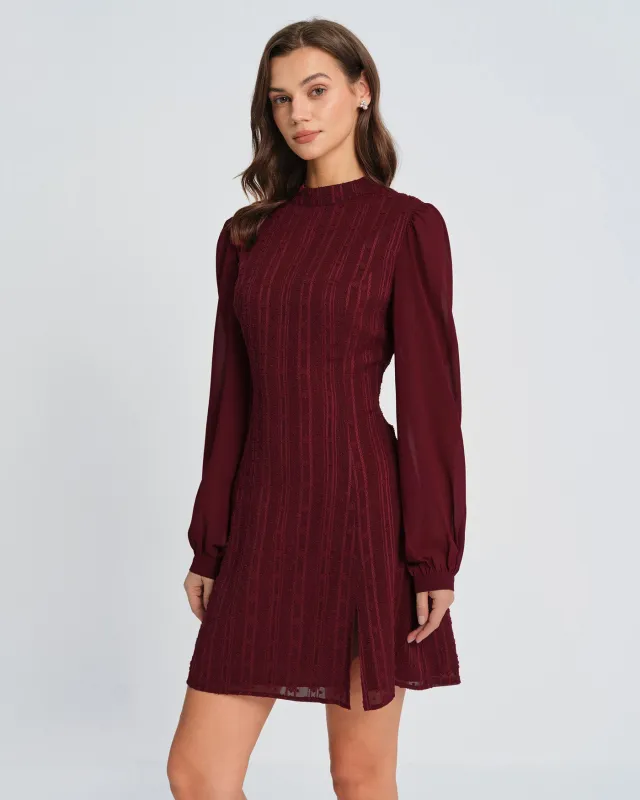 Wine Red Chiffon Mock Neck Mini Dress made by rihoas