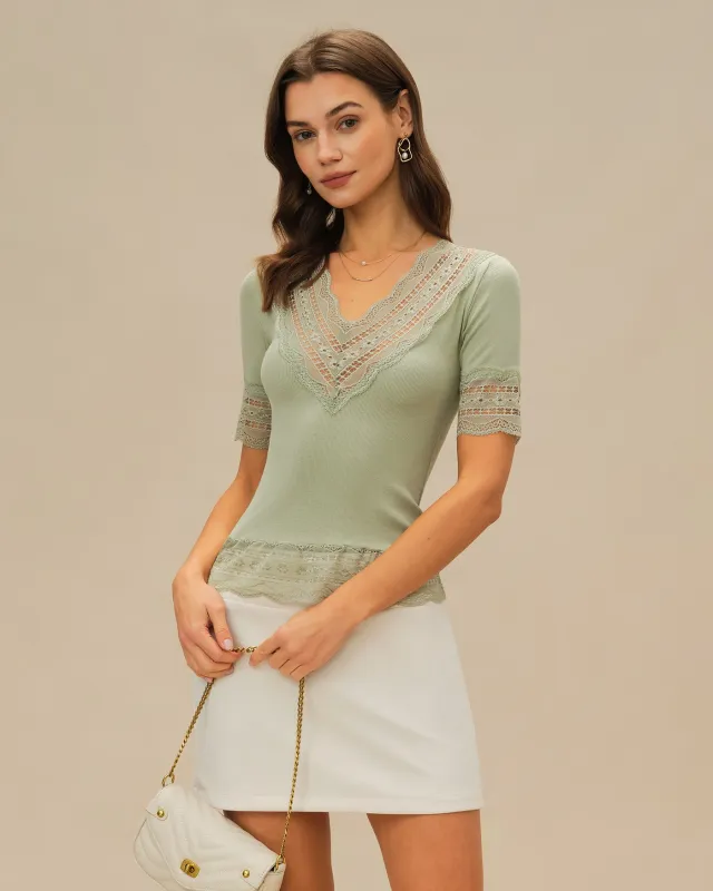 Green V Neck Lace Tee sold by rihoas