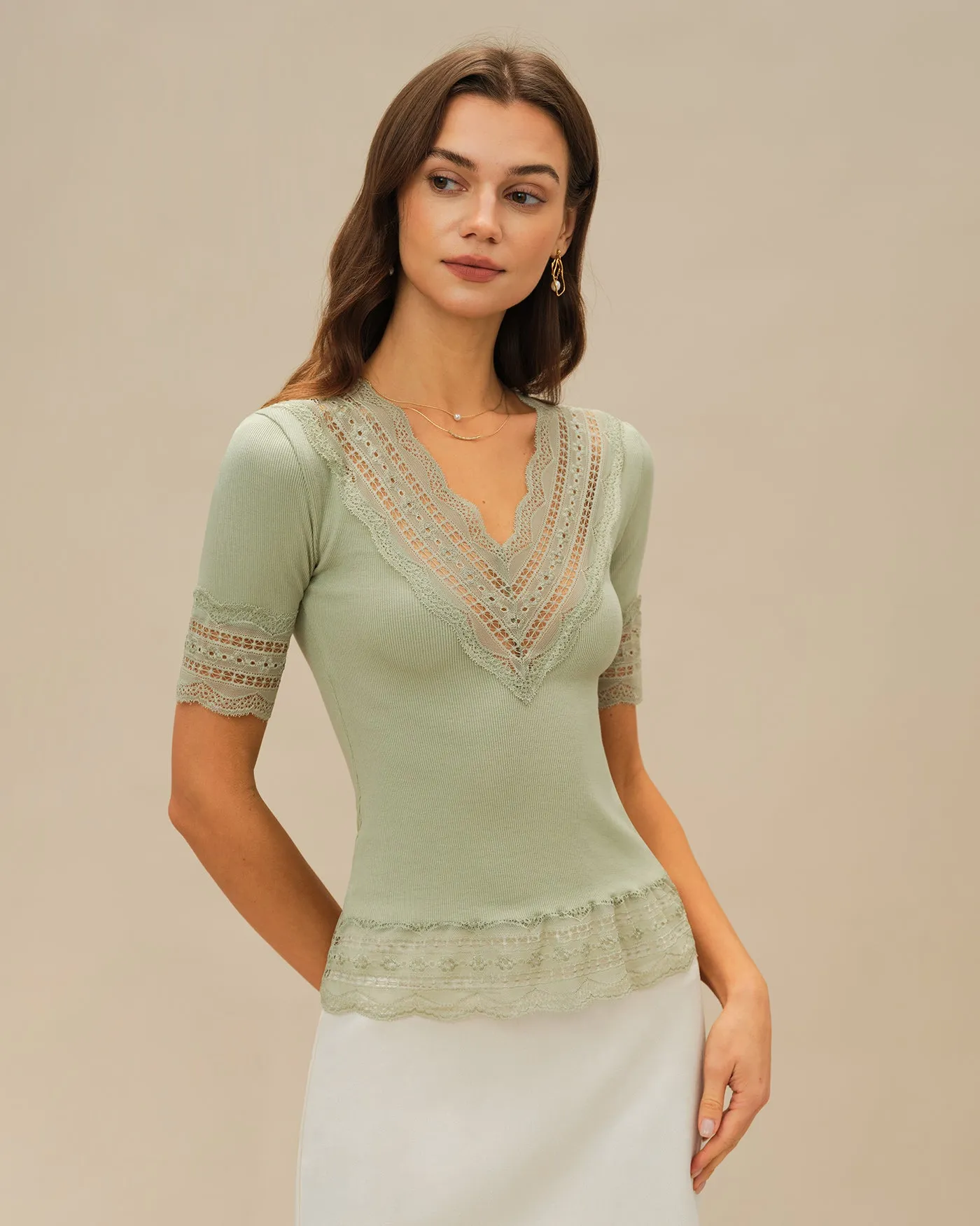 Green V Neck Lace Tee sold by rihoas product image thumbnail 3