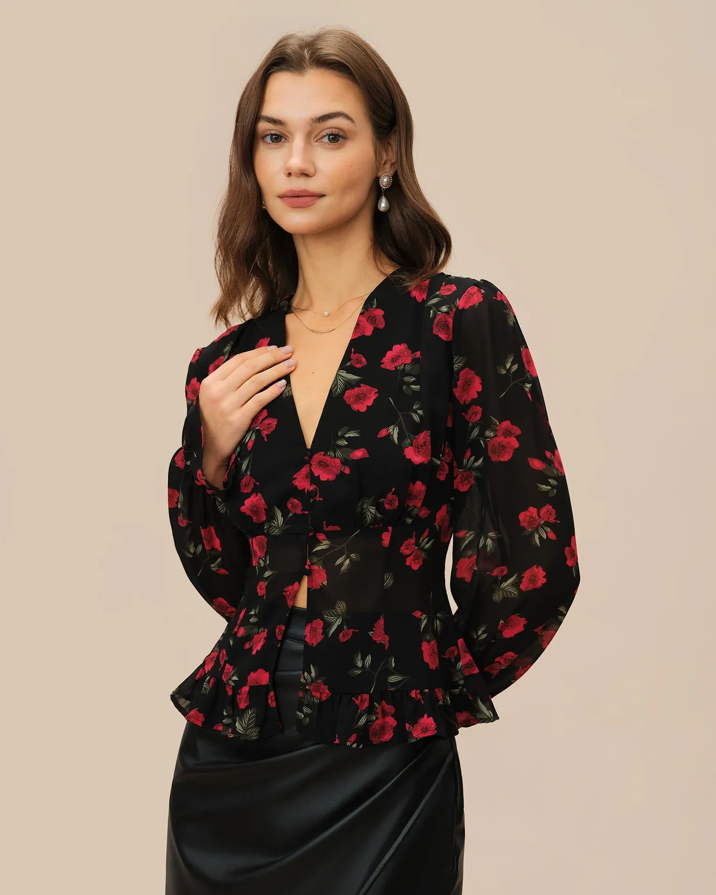 Black Floral V Neck Blouse sold by rihoas product image thumbnail 2