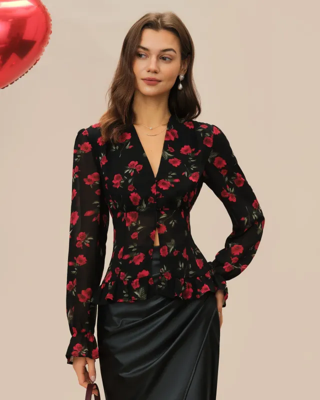 Black Floral V Neck Blouse sold by rihoas
