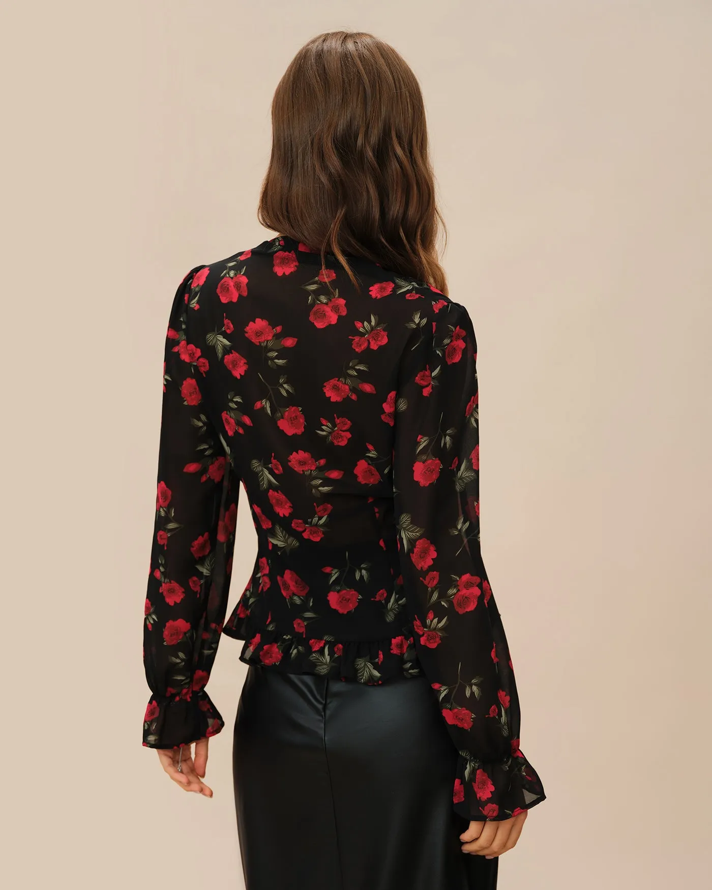 Black Floral V Neck Blouse sold by rihoas product image thumbnail 3