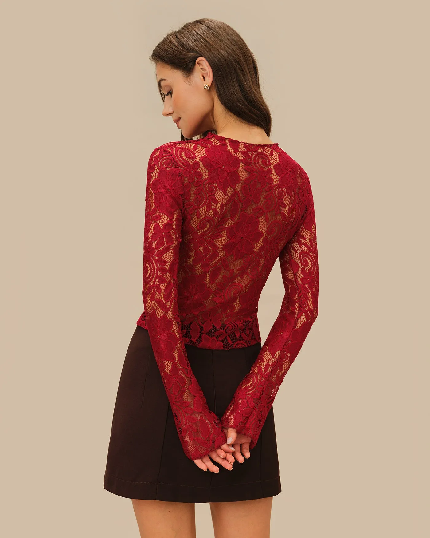 Wine Red Floral Lace Tee sold by rihoas product image thumbnail 4