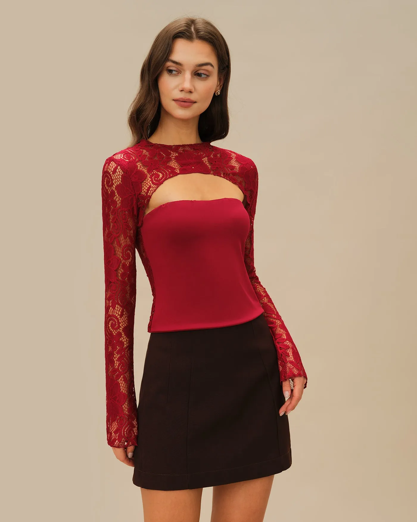 Wine Red Floral Lace Tee sold by rihoas product image thumbnail 3