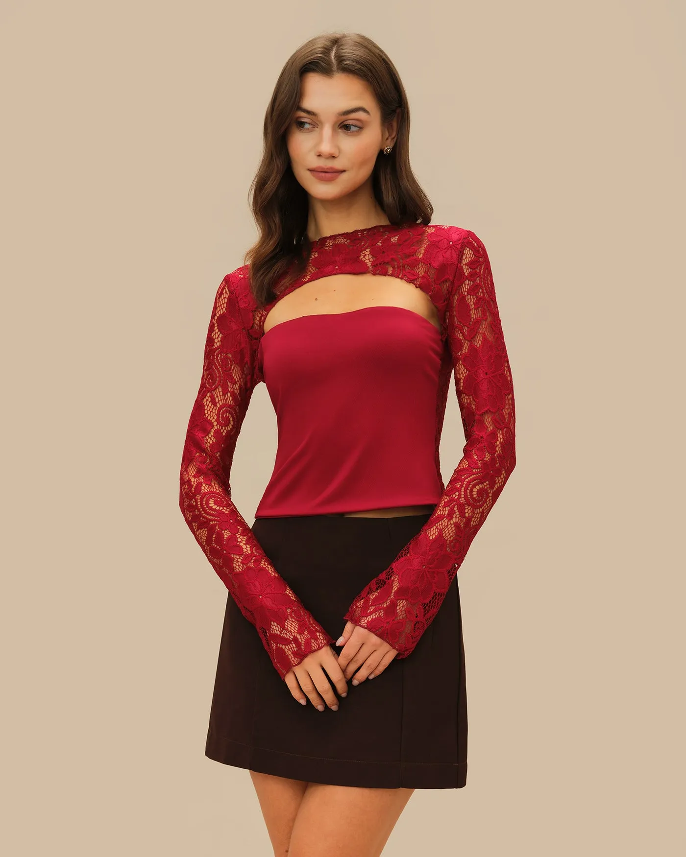 Wine Red Floral Lace Tee sold by rihoas