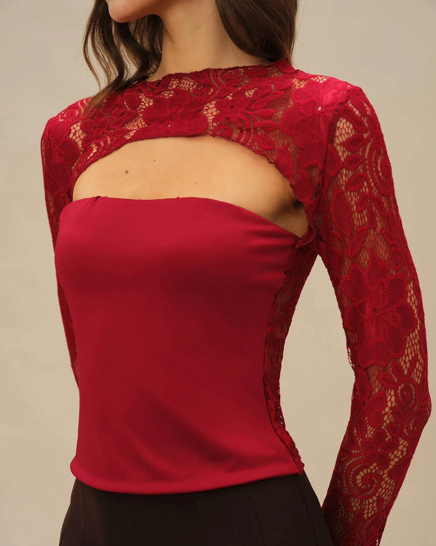 Wine Red Floral Lace Tee sold by rihoas product image thumbnail 2