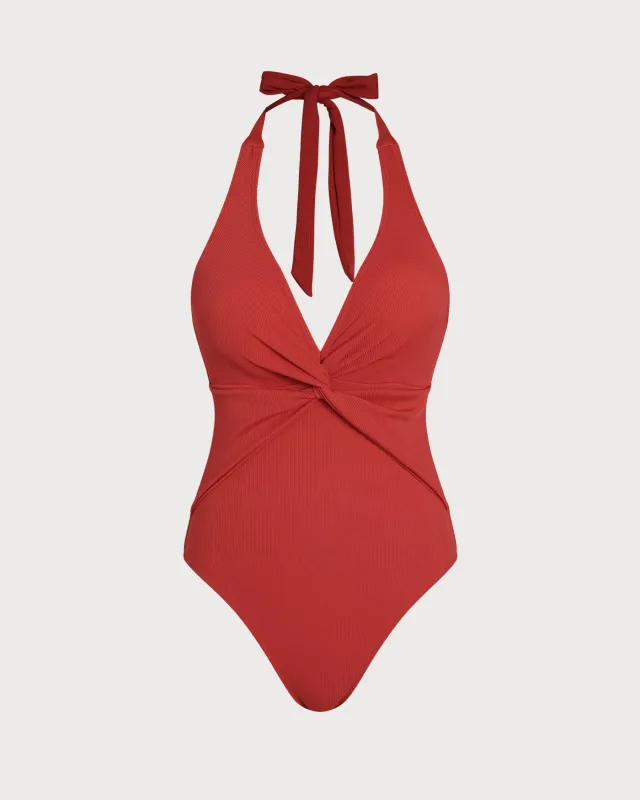 Red Halter Triangle One Piece Swimwear sold by rihoas