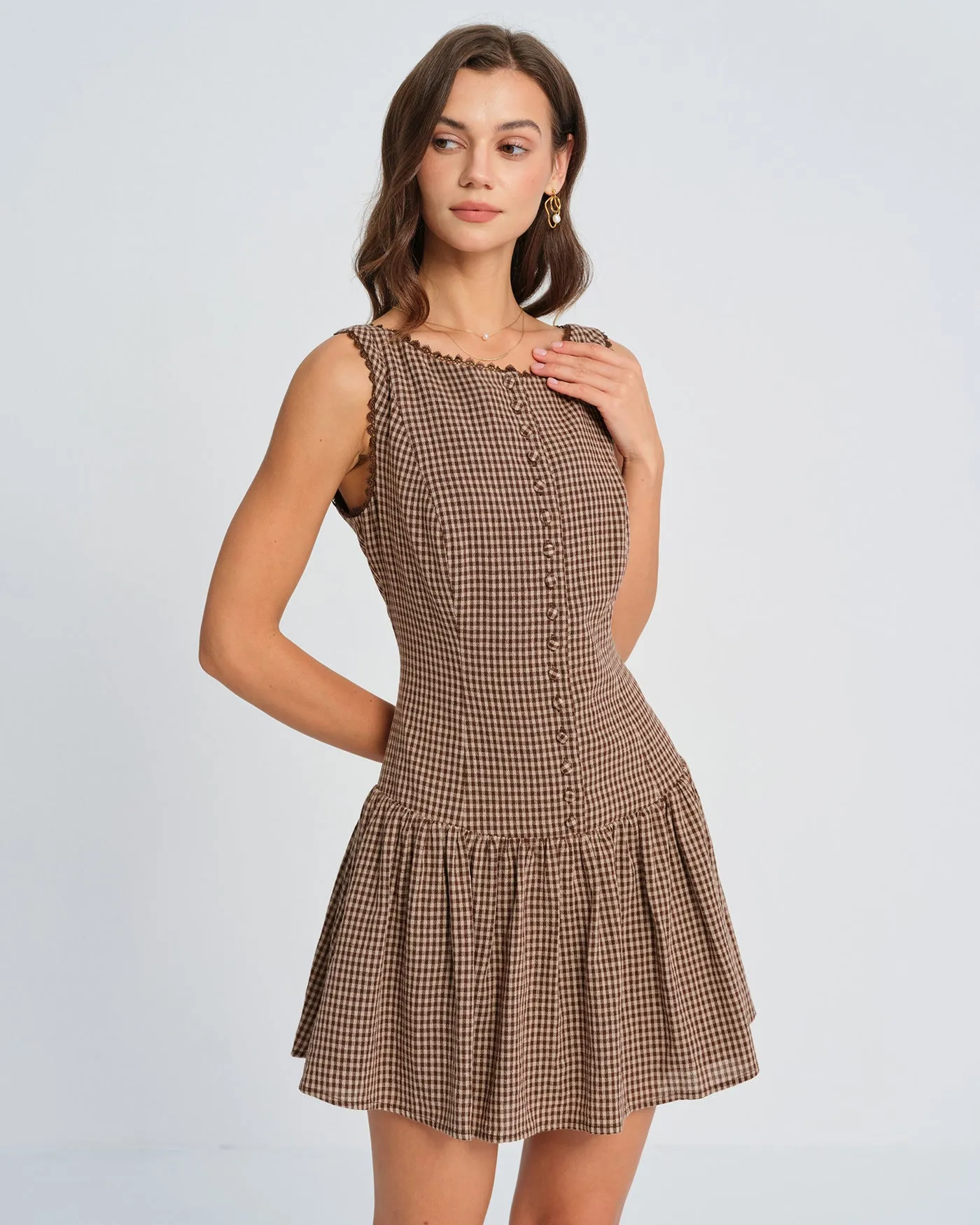 Brown Lace Plaid Mini Dress sold by rihoas product image thumbnail 3