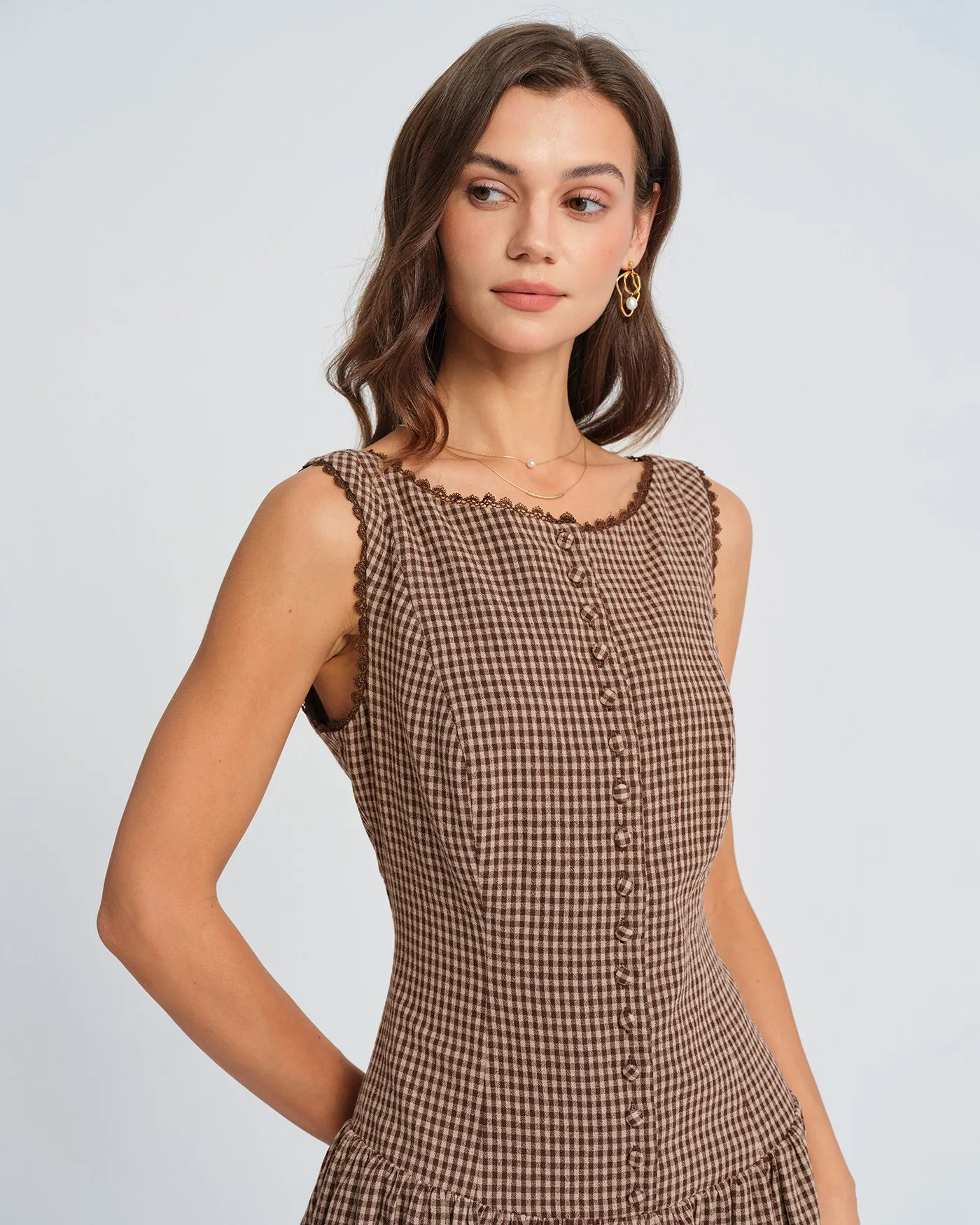 Brown Lace Plaid Mini Dress sold by rihoas product image thumbnail 2