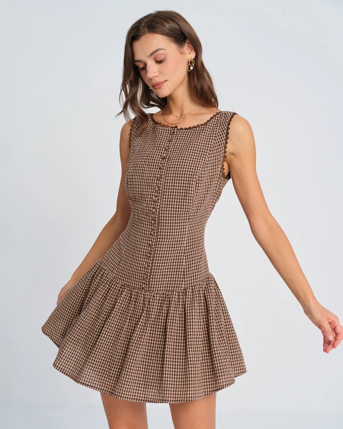 Brown Lace Plaid Mini Dress sold by rihoas product image thumbnail 4
