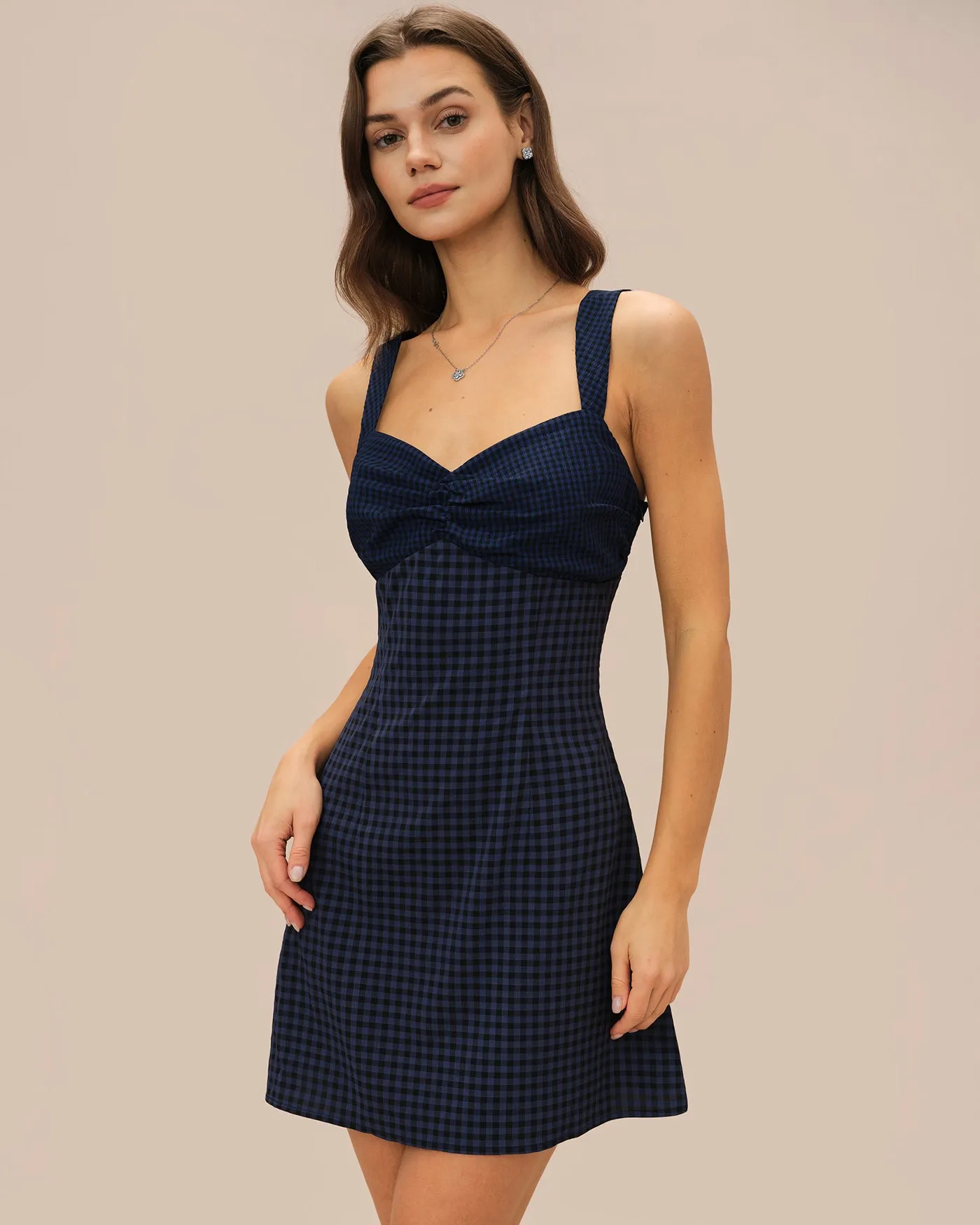 Blue Sweetheart Neck Plaid Mini Dress sold by rihoas