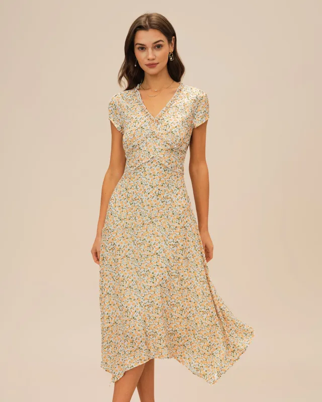 Yellow V Neck Floral Midi Dress sold by rihoas