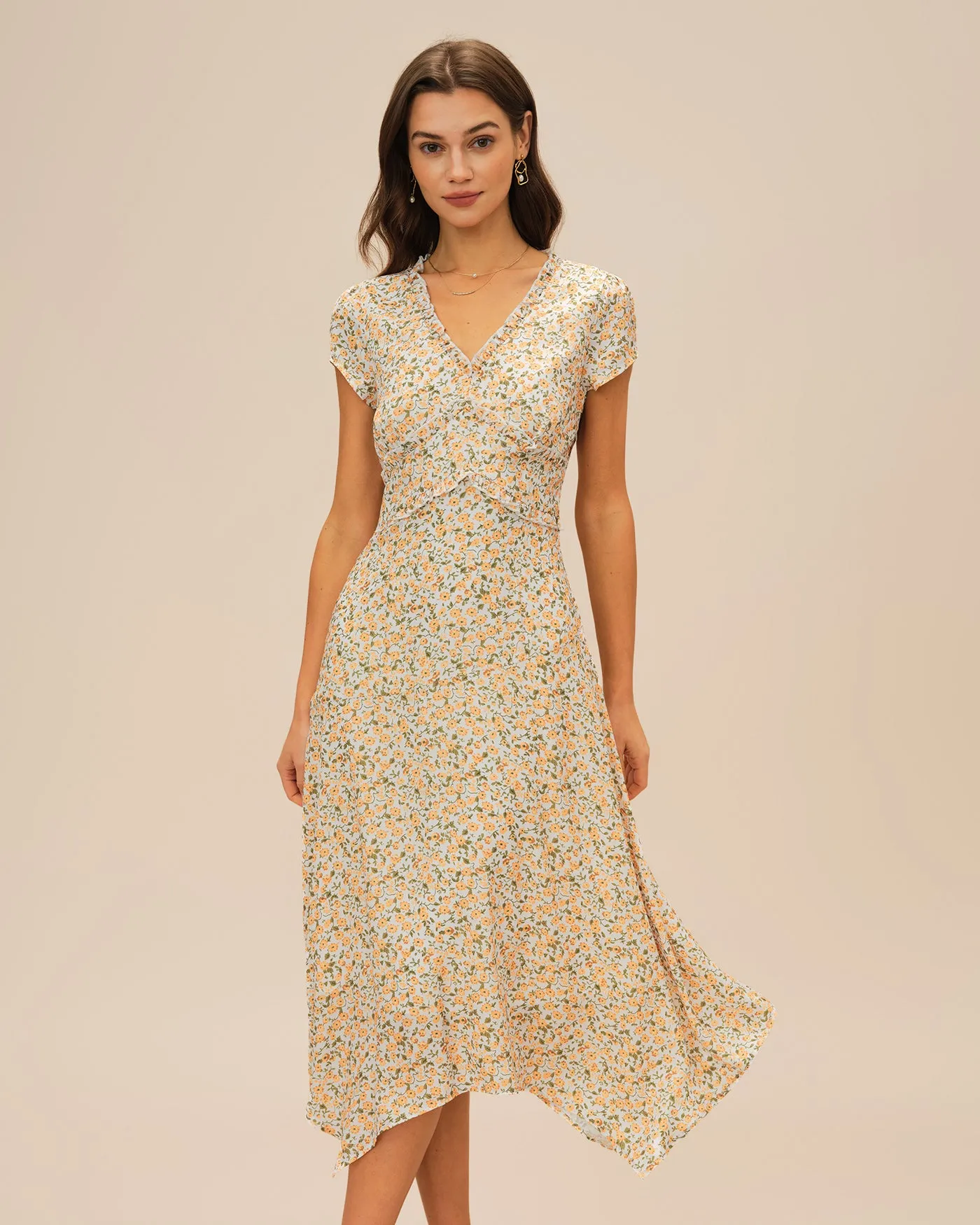 Yellow V Neck Floral Midi Dress sold by rihoas