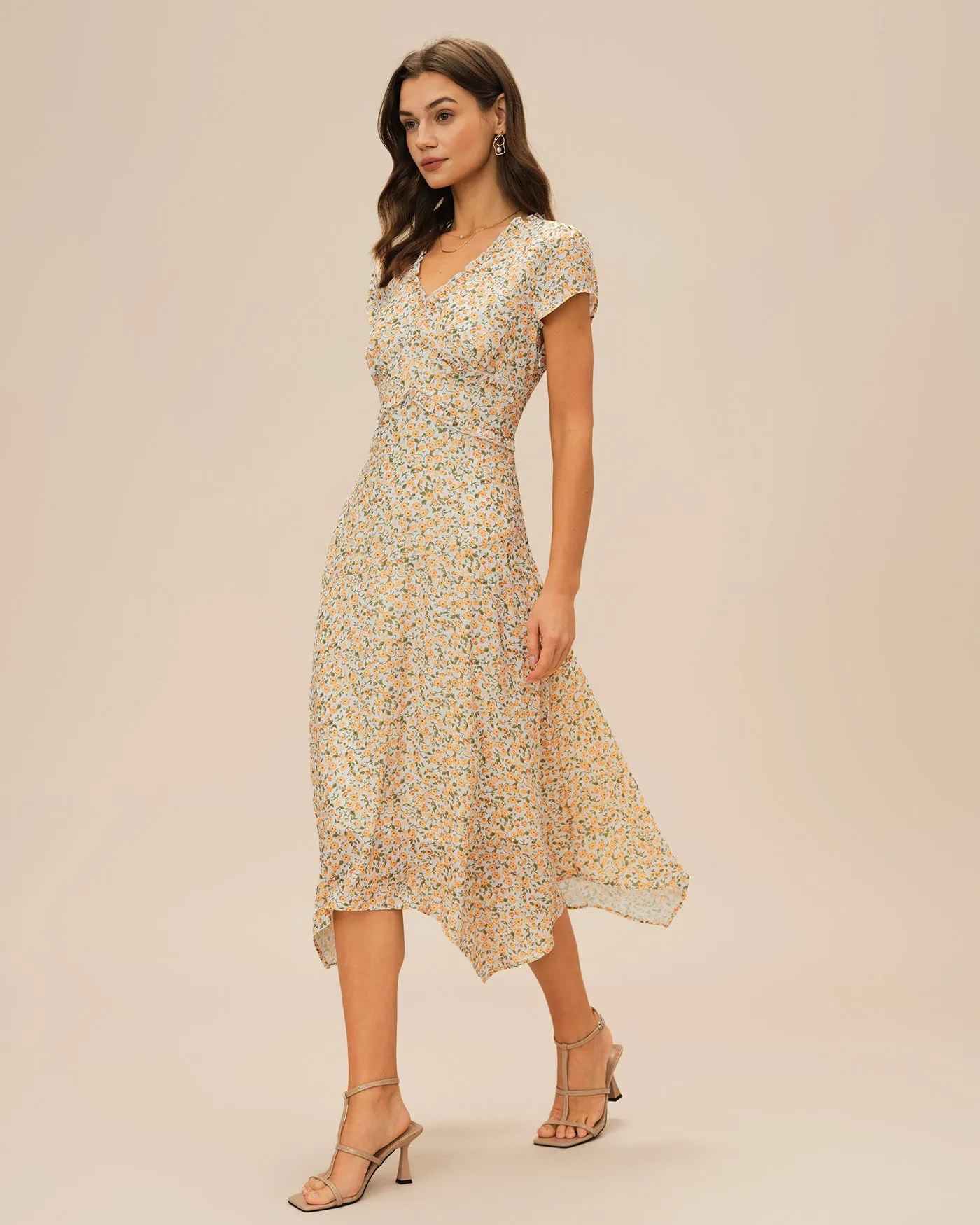 Yellow V Neck Floral Midi Dress sold by rihoas product image thumbnail 4