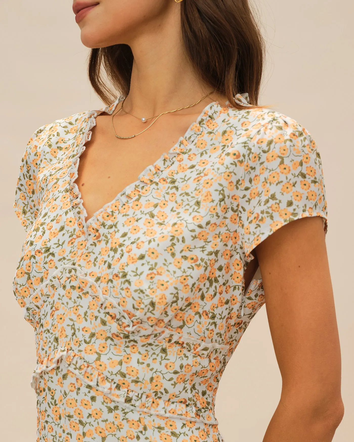 Yellow V Neck Floral Midi Dress sold by rihoas product image thumbnail 2