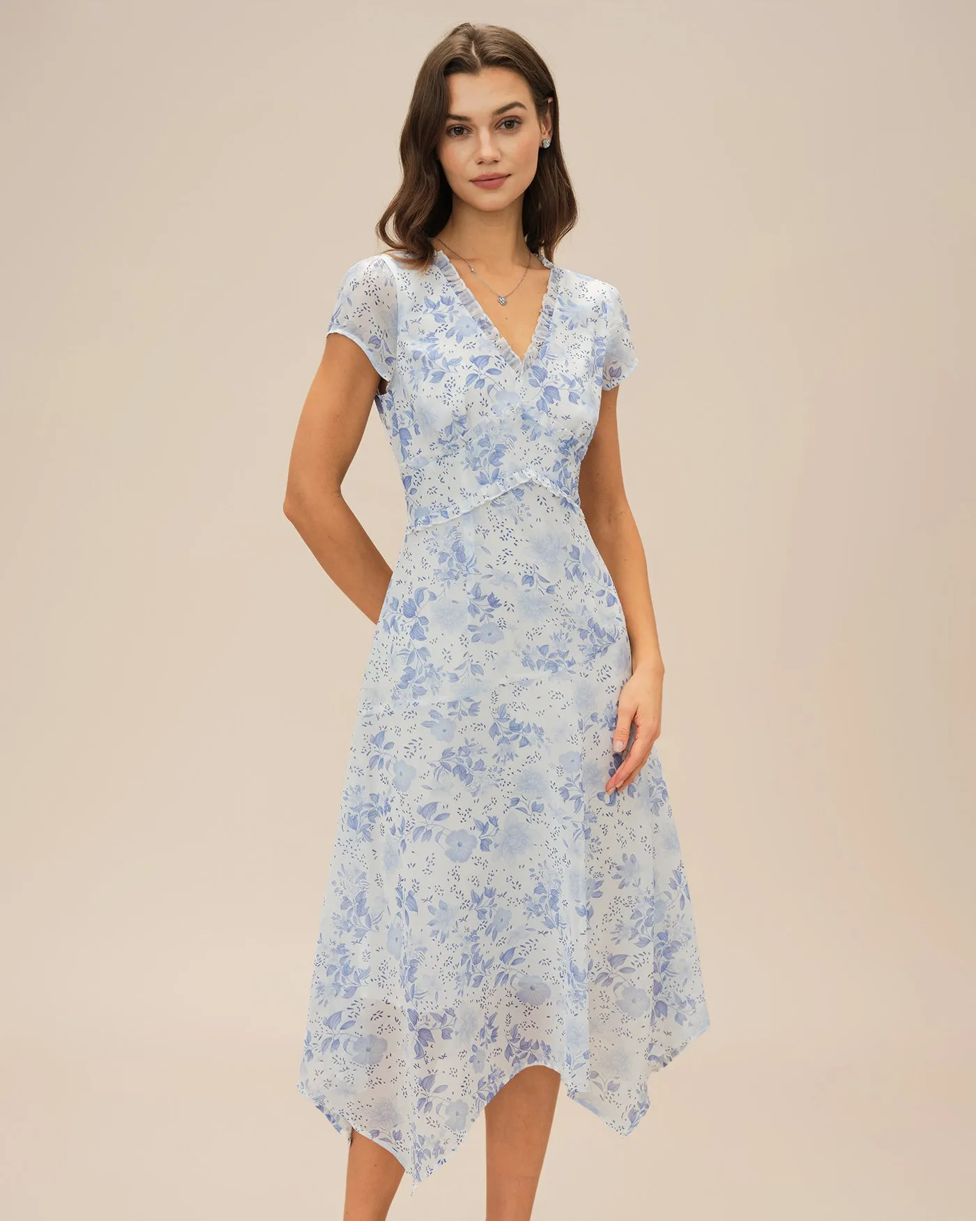 Blue V Neck Floral Midi Dress sold by rihoas