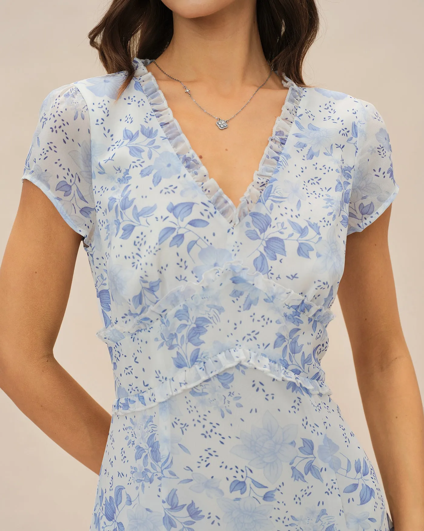 Blue V Neck Floral Midi Dress sold by rihoas product image thumbnail 2