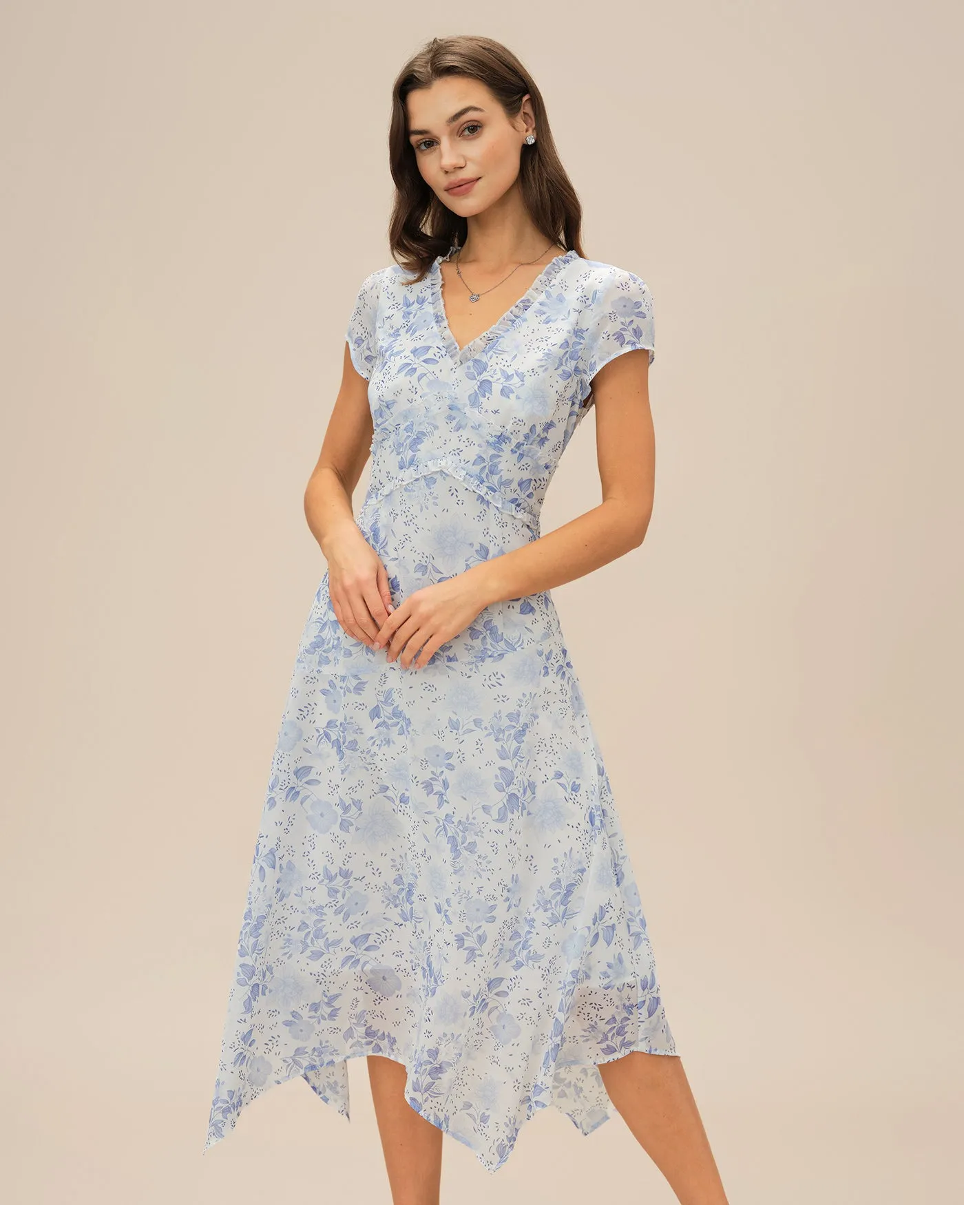 Blue V Neck Floral Midi Dress sold by rihoas product image thumbnail 3