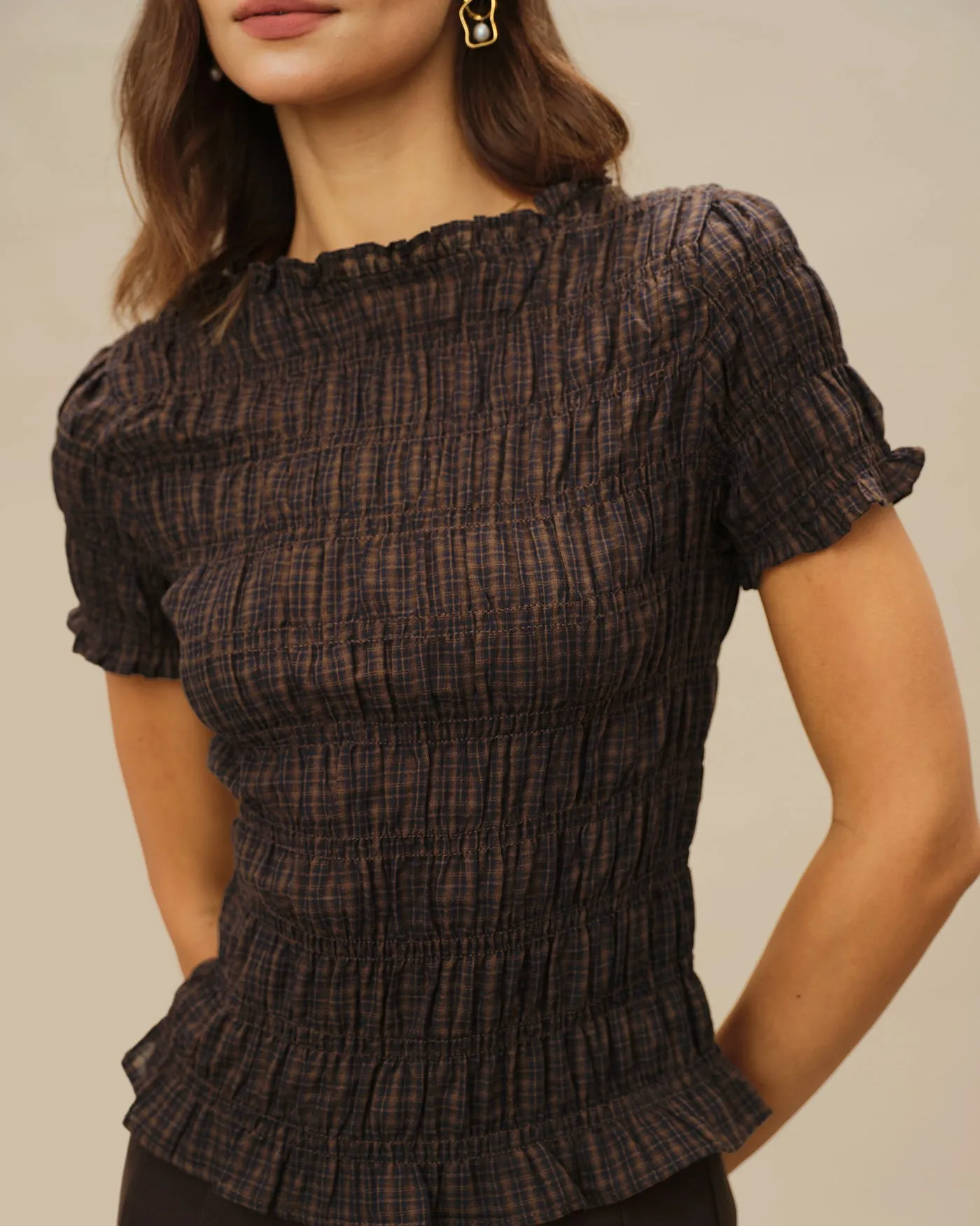 Coffee Plaid Shirred Tee sold by rihoas product image thumbnail 2