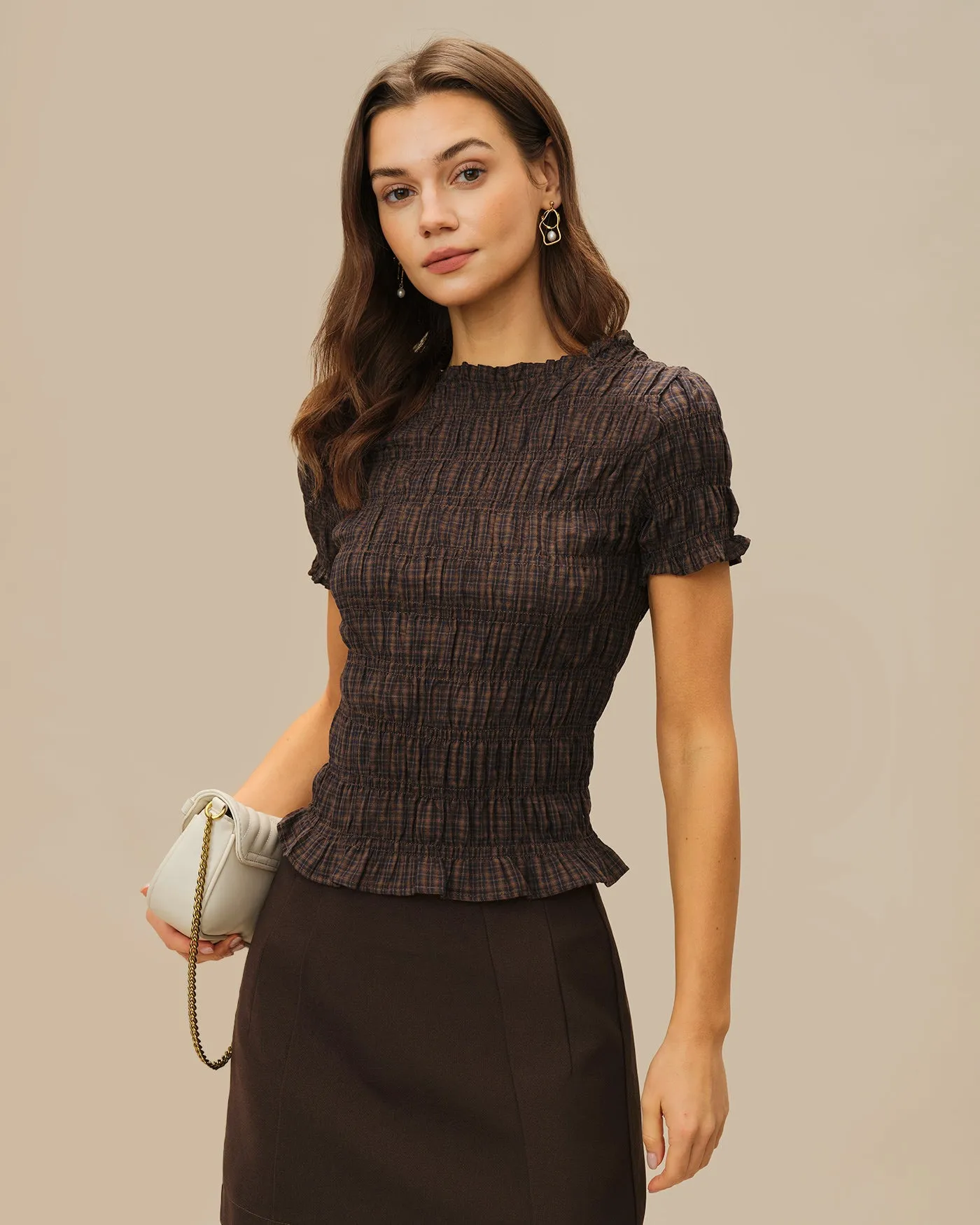 Coffee Plaid Shirred Tee sold by rihoas product image thumbnail 4