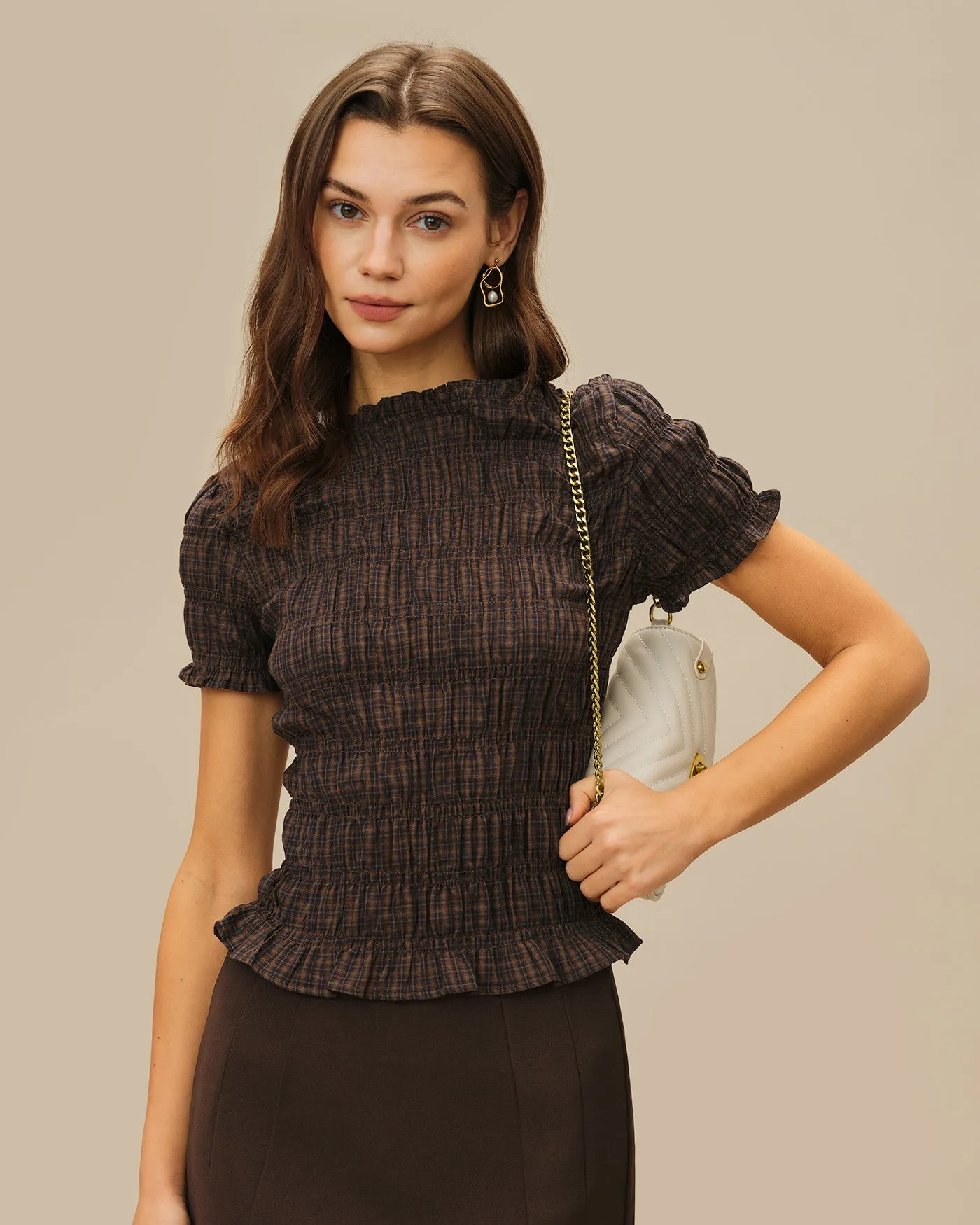 Coffee Plaid Shirred Tee sold by rihoas product image thumbnail 5