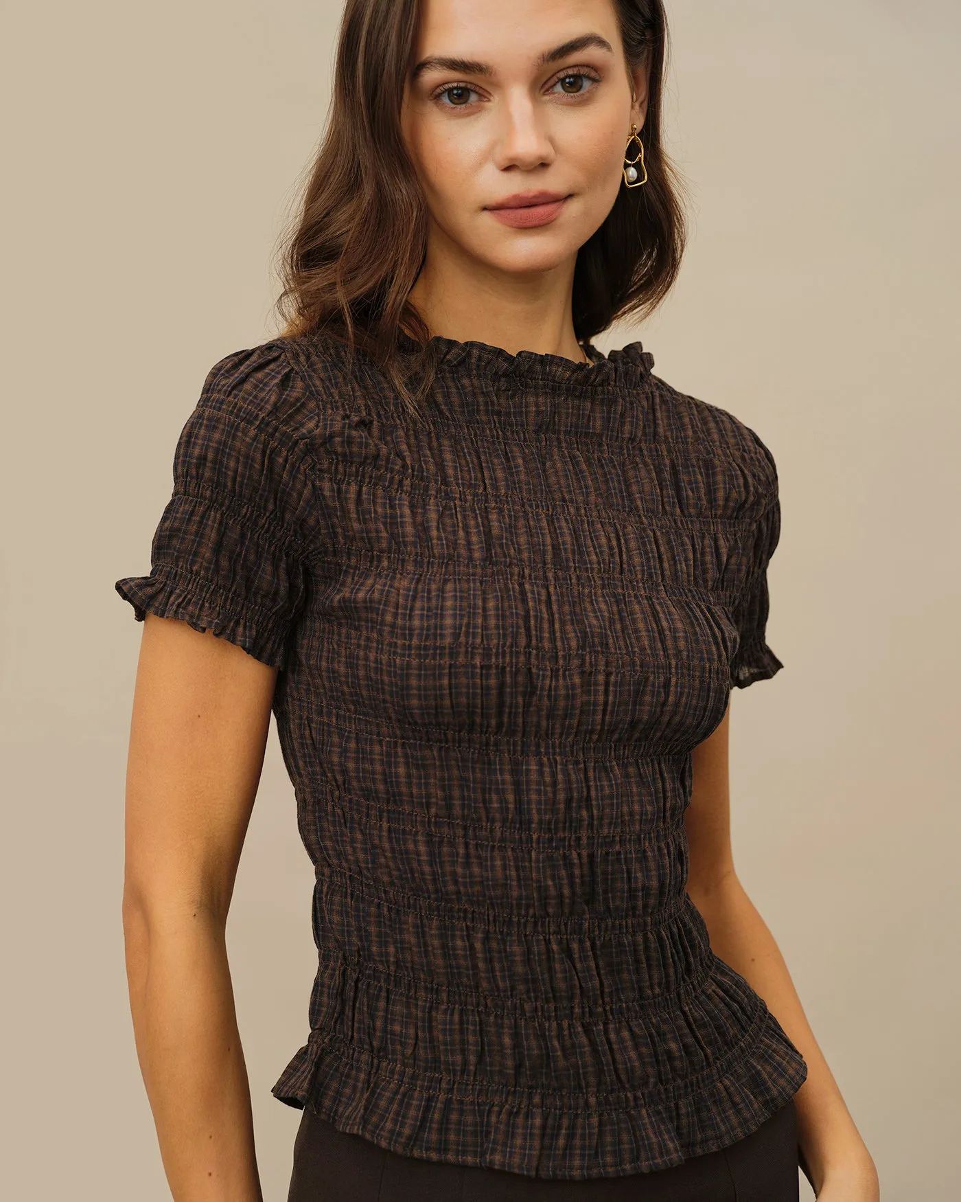 Coffee Plaid Shirred Tee sold by rihoas product image thumbnail 3