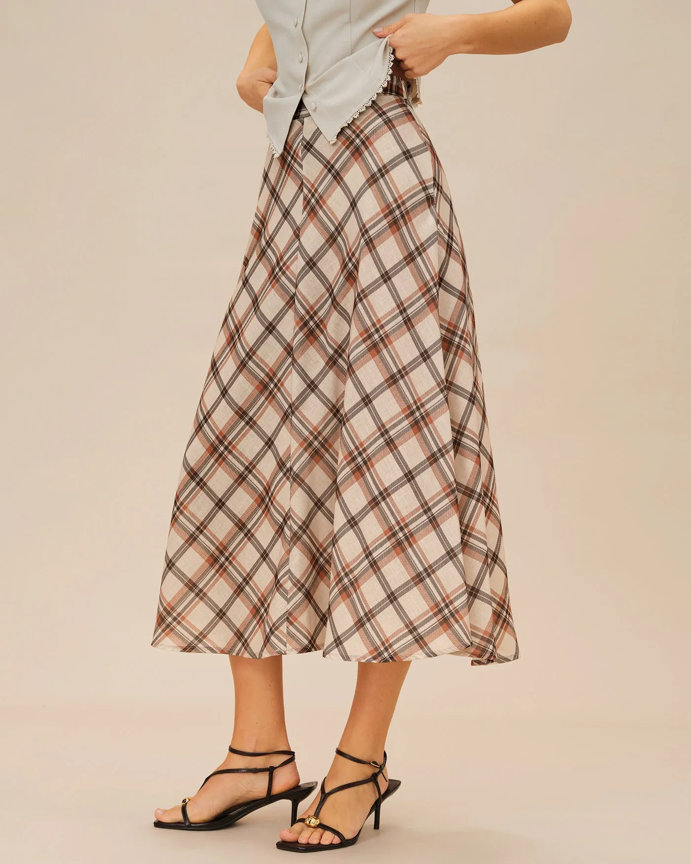 Apricot Plaid Midi Skirt sold by rihoas product image thumbnail 5