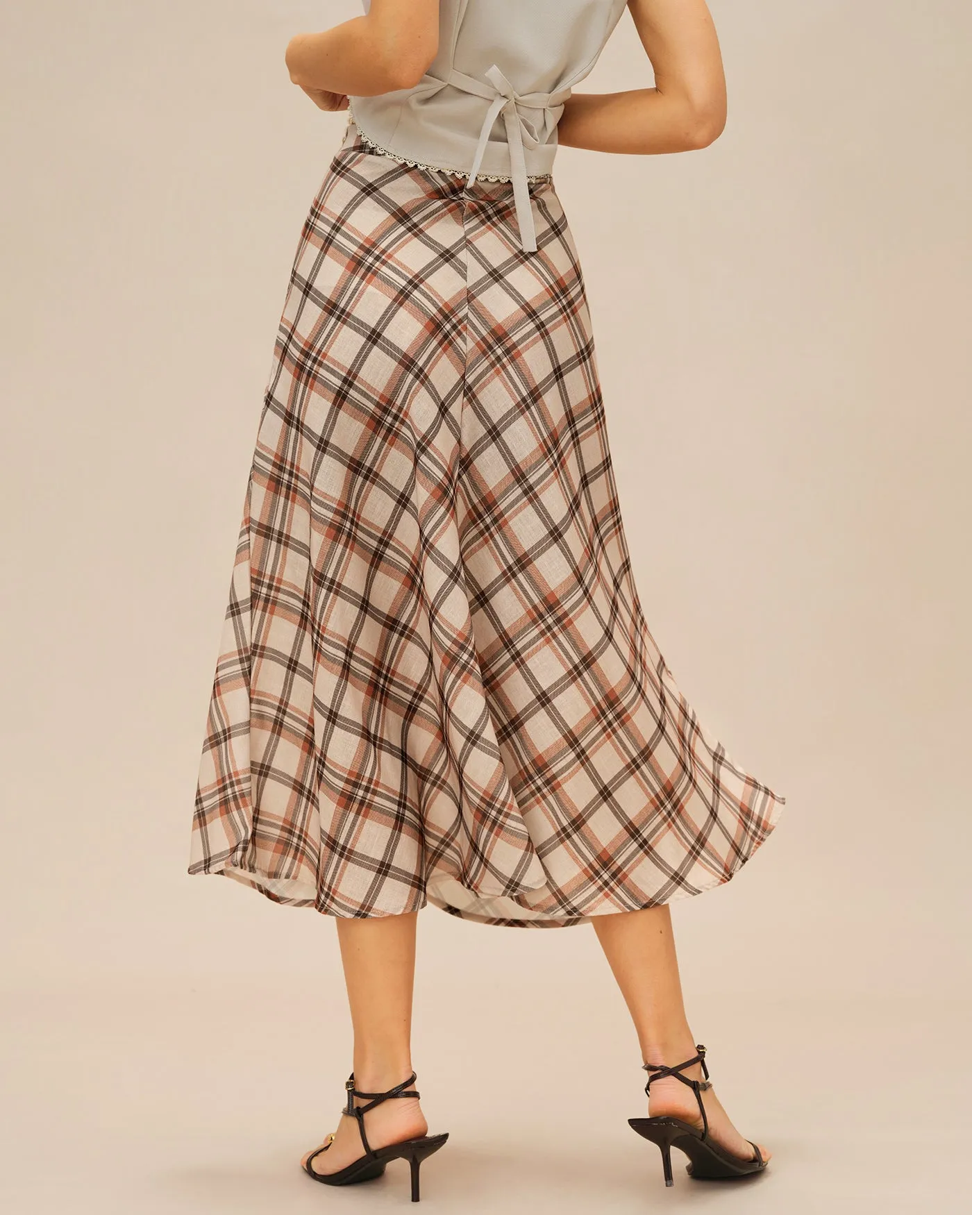 Apricot Plaid Midi Skirt sold by rihoas product image thumbnail 3