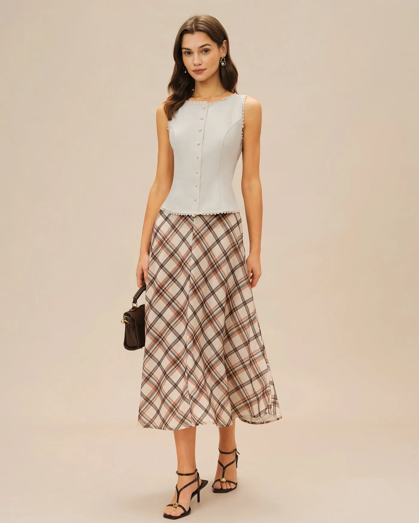 Apricot Plaid Midi Skirt sold by rihoas product image thumbnail 4