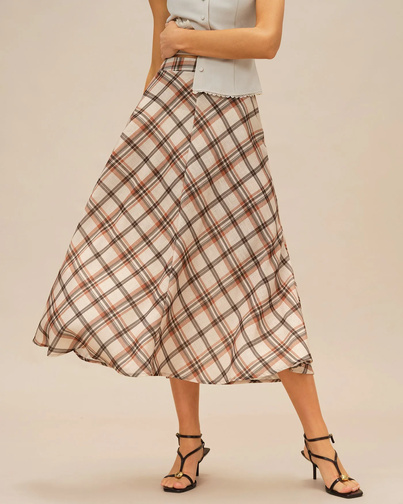 Apricot Plaid Midi Skirt sold by rihoas