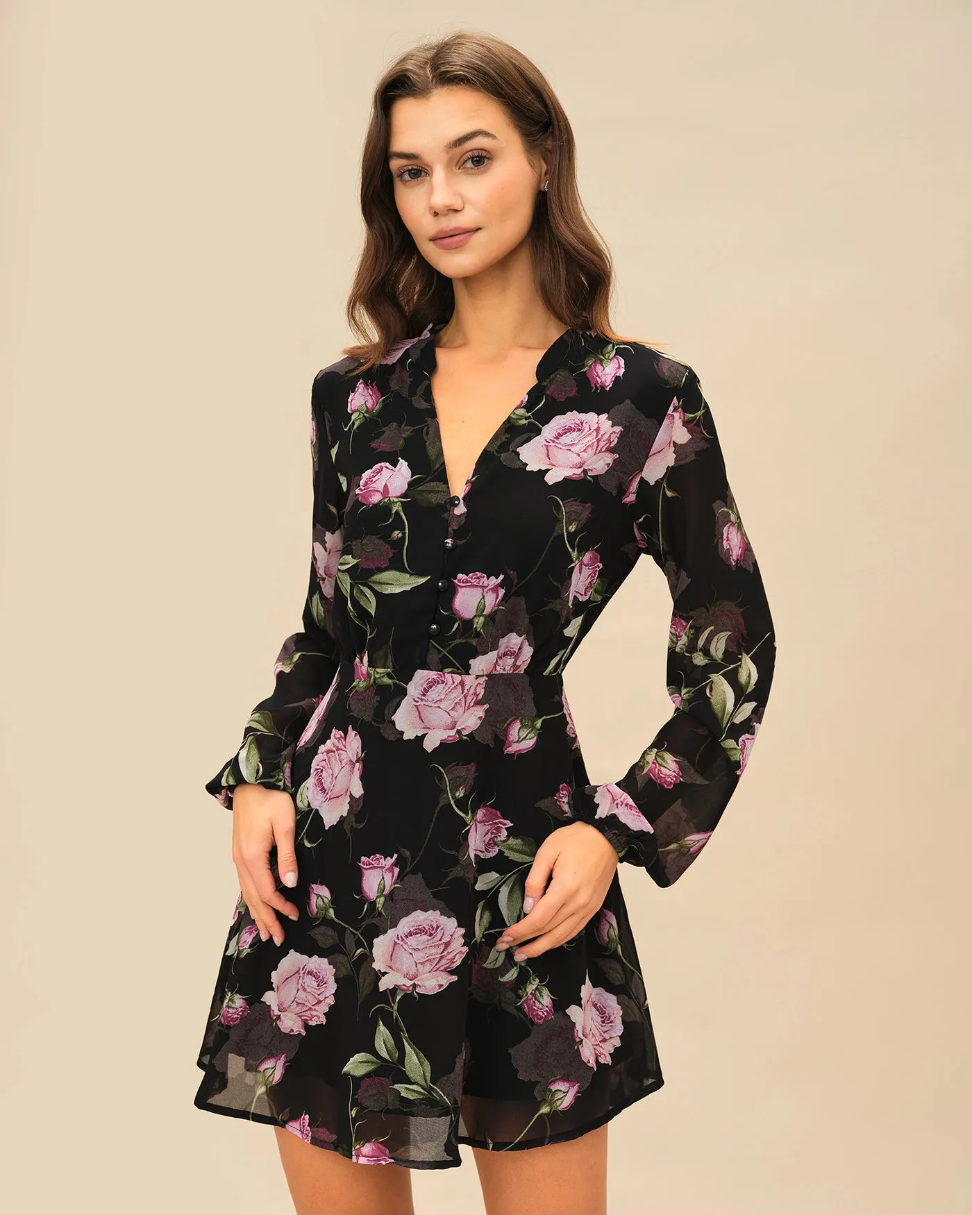 Black V Neck Floral Mini Dress sold by rihoas