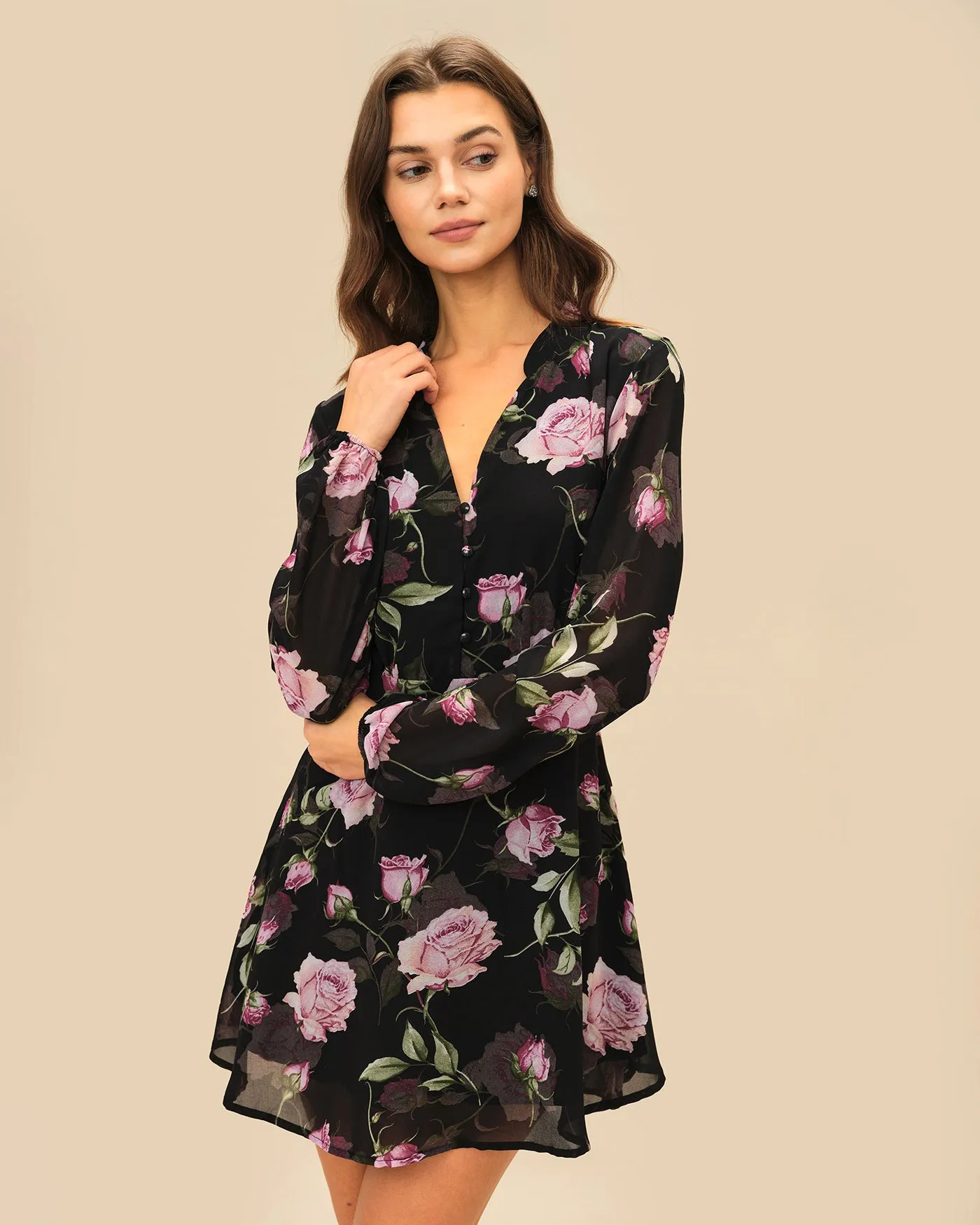 Black V Neck Floral Mini Dress sold by rihoas product image thumbnail 3