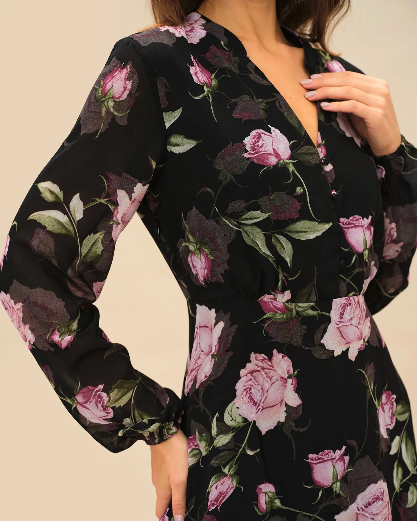 Black V Neck Floral Mini Dress sold by rihoas product image thumbnail 2