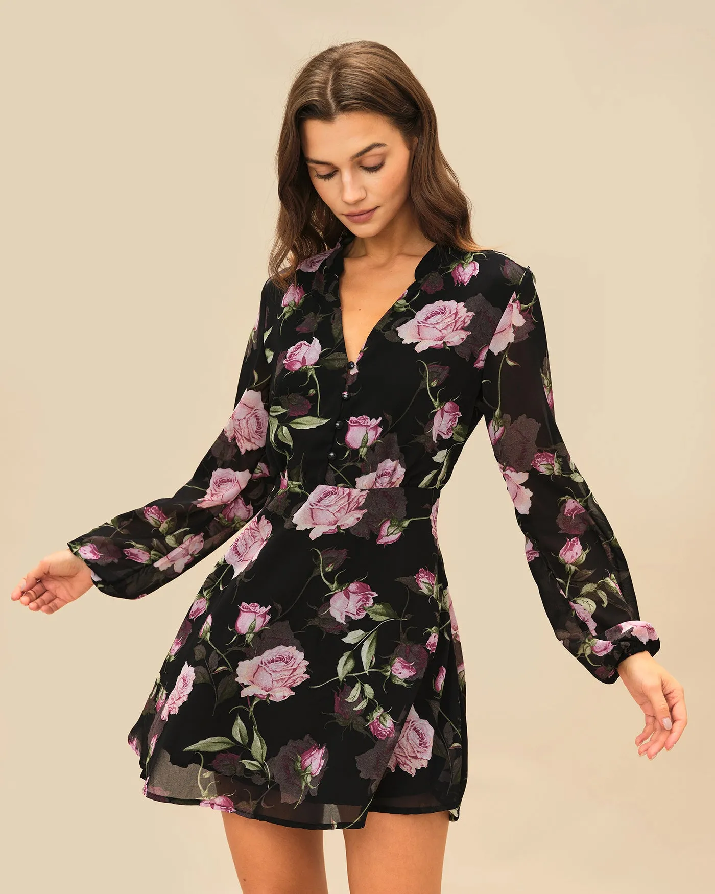 Black V Neck Floral Mini Dress sold by rihoas product image thumbnail 4